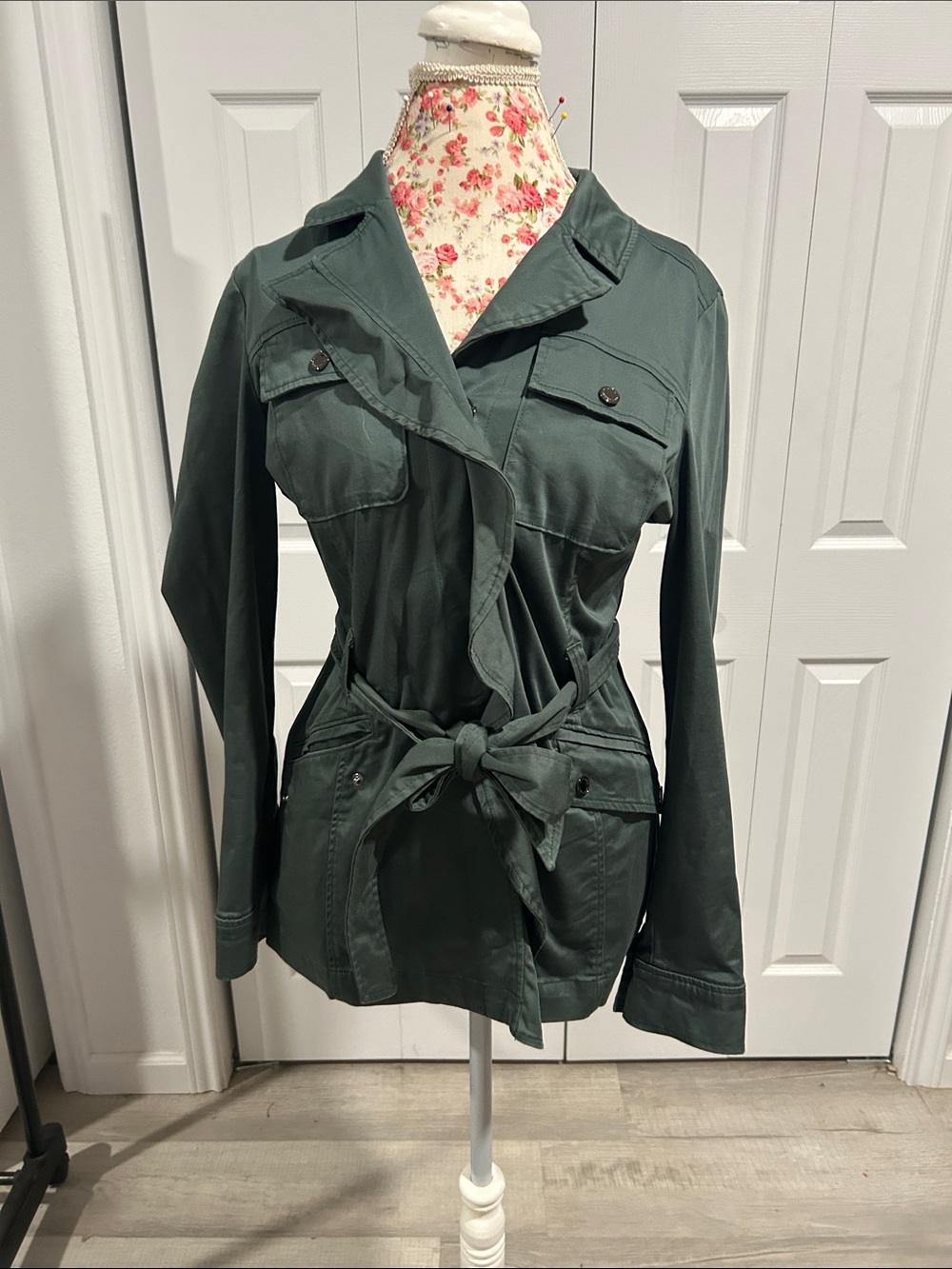White House Black Market Forest Green Utility Jacket with Tie Waist
